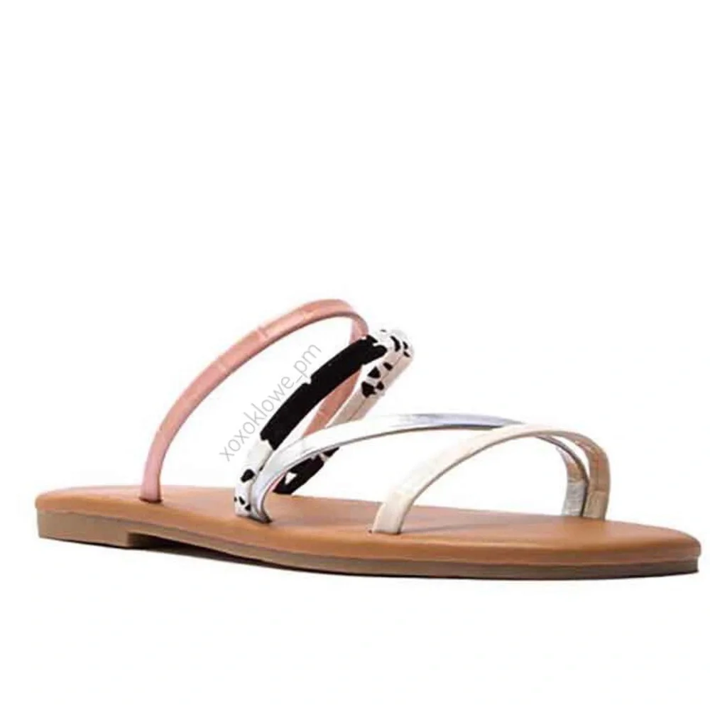 Pink Multi Color Vegan Leather Strappy Slide Sandals Size 6